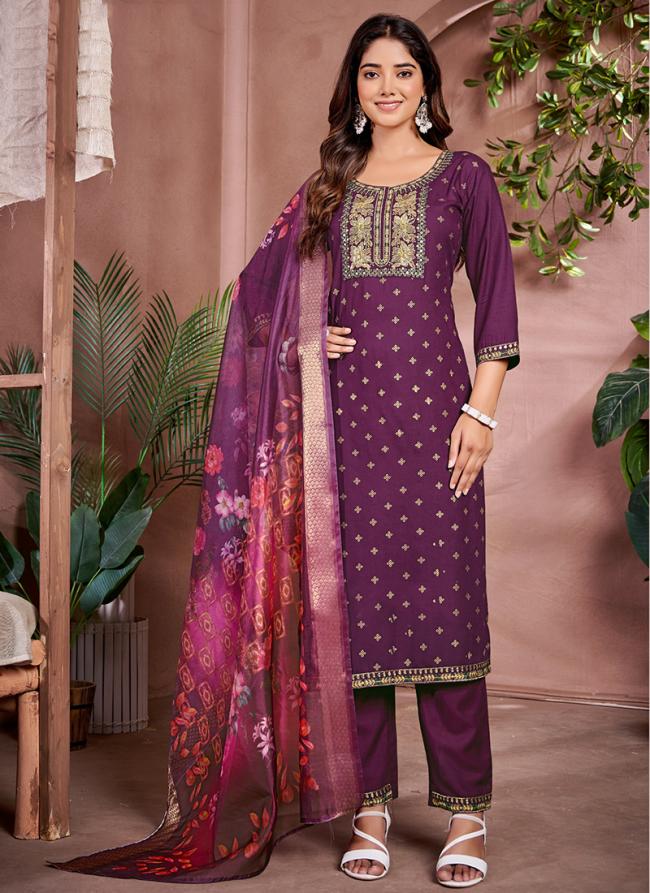 Rayon Magenta Traditional Wear Embroidery Work Readymade Kurti Set